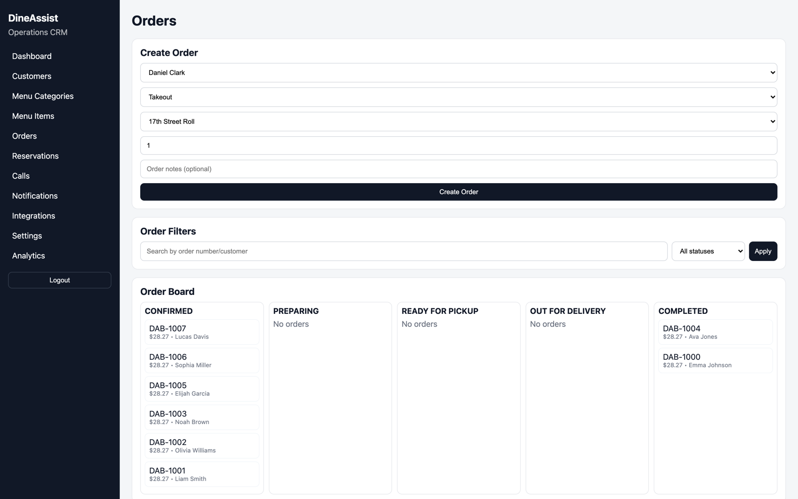 DineAssist restaurant dashboard